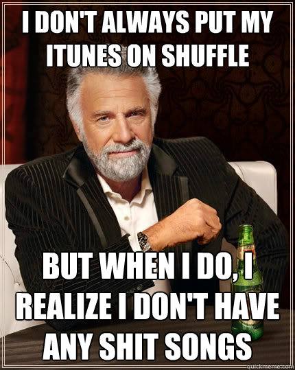 I don't always put my itunes on shuffle But when I do, I realize I don't have any shit songs  The Most Interesting Man In The World