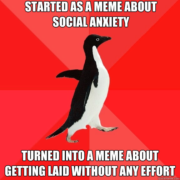 started as a meme about 
social anxiety turned into a meme about getting laid without any effort  Socially Awesome Penguin
