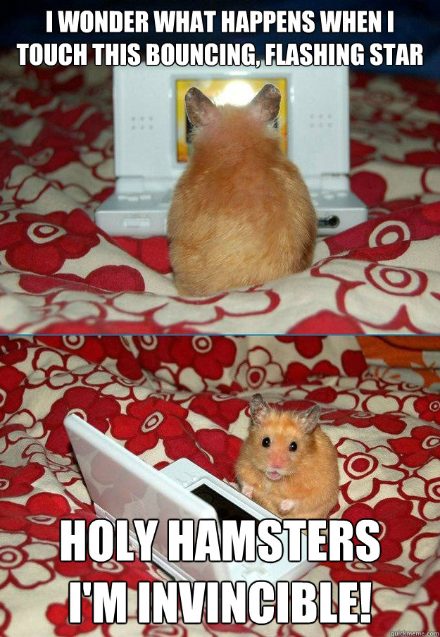I wonder what happens when i touch this bouncing, flashing star Holy hamsters 
i'm invincible! - I wonder what happens when i touch this bouncing, flashing star Holy hamsters 
i'm invincible!  First Day of Gaming Hamster