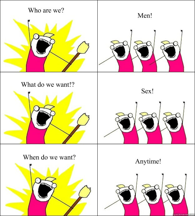 Who are we? Men! What do we want!? Sex! When do we want? Anytime!  Men Logic