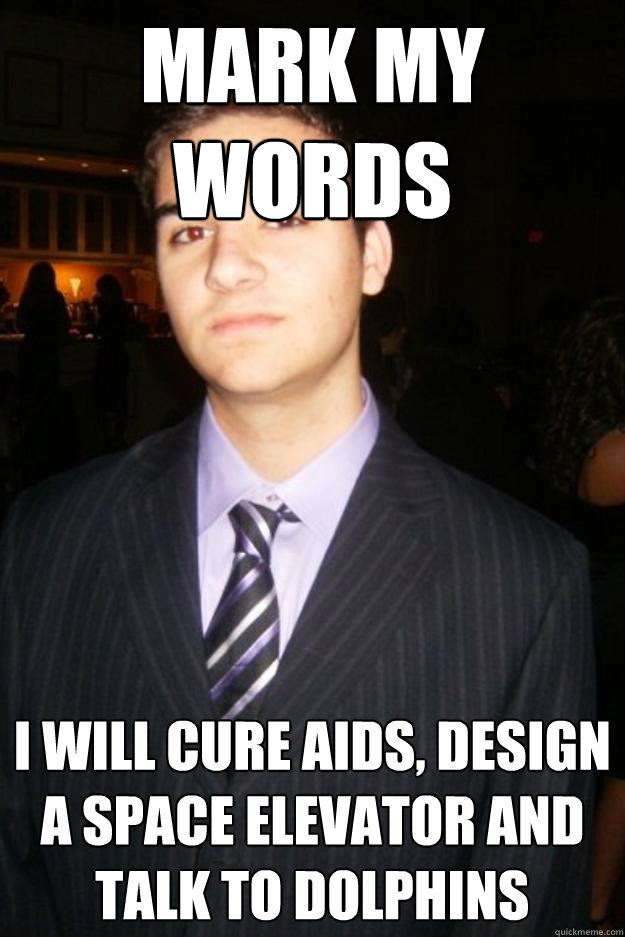 mark my words i will cure aids, design a space elevator and talk to dolphins - mark my words i will cure aids, design a space elevator and talk to dolphins  Over Ambitious Teenager