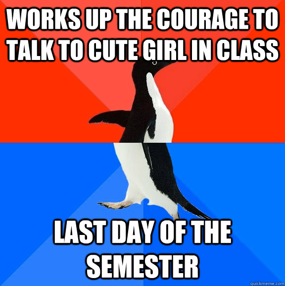 Works up the courage to talk to cute girl in class last day of the semester  Socially Awesome Awkward Penguin