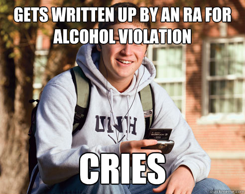 Gets written up by an RA for alcohol violation cries  College Freshman