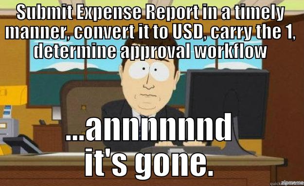 SUBMIT EXPENSE REPORT IN A TIMELY MANNER, CONVERT IT TO USD, CARRY THE 1, DETERMINE APPROVAL WORKFLOW ...ANNNNNND IT'S GONE. aaaand its gone