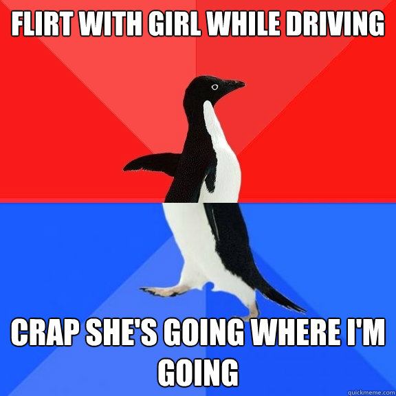 Flirt with girl while driving crap she's going where I'm going  Socially Awksome Penguin