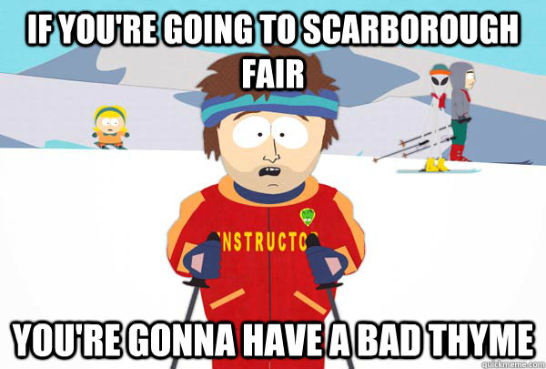 If you're going to Scarborough fair You're gonna have a bad thyme  Super Cool Ski Instructor