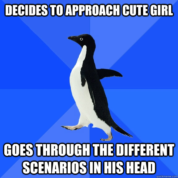 Decides to approach cute girl Goes through the different scenarios in his head  Socially Awkward Penguin