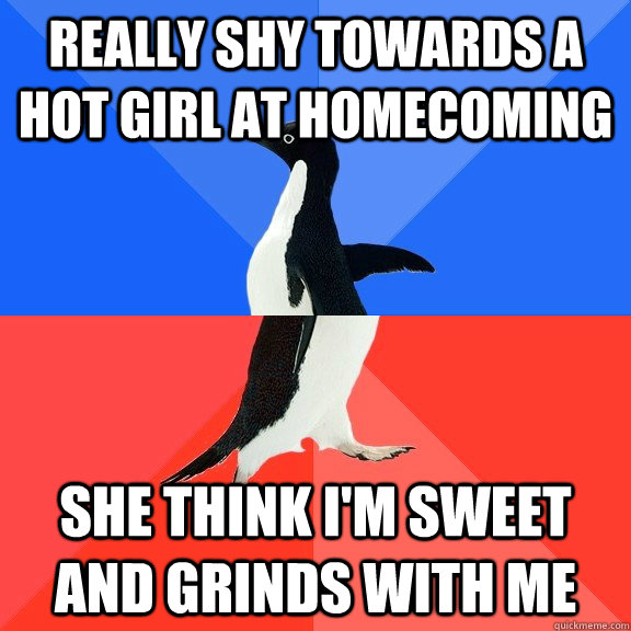 really shy towards a hot girl at homecoming she think i'm sweet and grinds with me  Socially Awkward Awesome Penguin