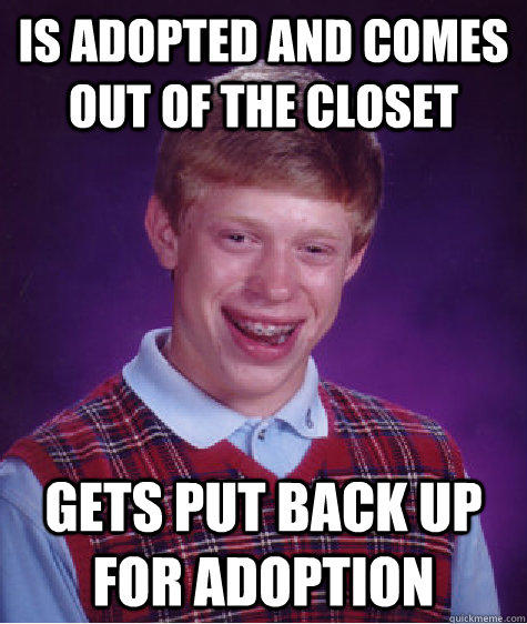 Is adopted and comes out of the closet gets put back up for adoption  Bad Luck Brian