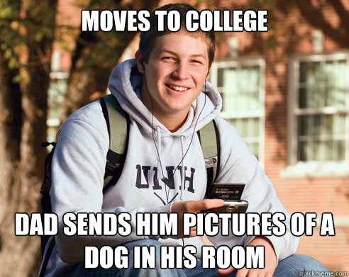 Moves to college Dad sends him pictures of a dog in his room  College Freshman