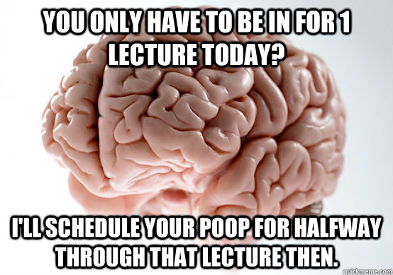 You only have to be in for 1 lecture today? I'll schedule your poop for halfway through that lecture then. - You only have to be in for 1 lecture today? I'll schedule your poop for halfway through that lecture then.  Scumbag brain on life