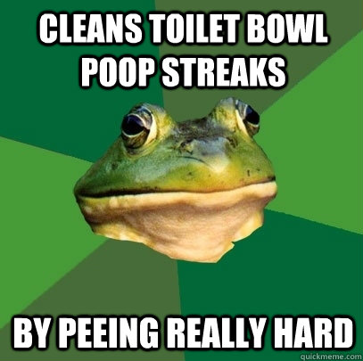 Cleans toilet bowl poop streaks By peeing really hard  Foul Bachelor Frog