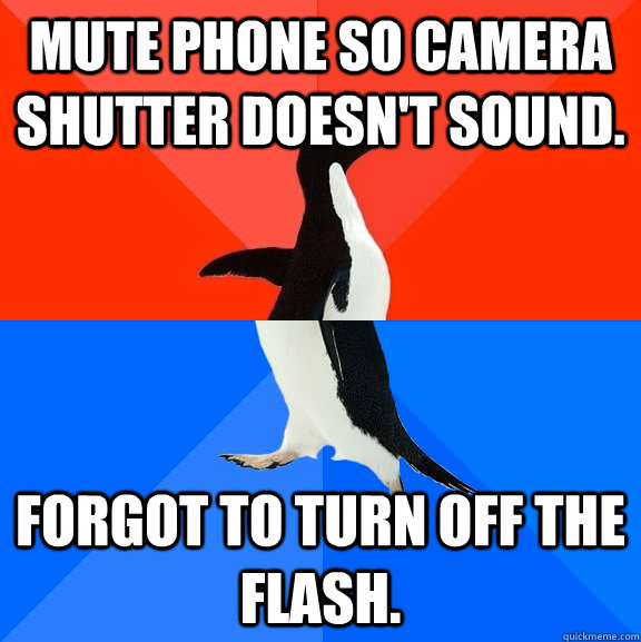 Mute phone so camera shutter doesn't sound. Forgot to turn off the flash. - Mute phone so camera shutter doesn't sound. Forgot to turn off the flash.  Socially Awesome Awkward Penguin