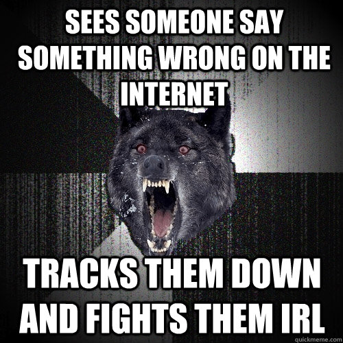 sees someone say something wrong on the internet tracks them down and fights them irl - sees someone say something wrong on the internet tracks them down and fights them irl  Insanity Wolf