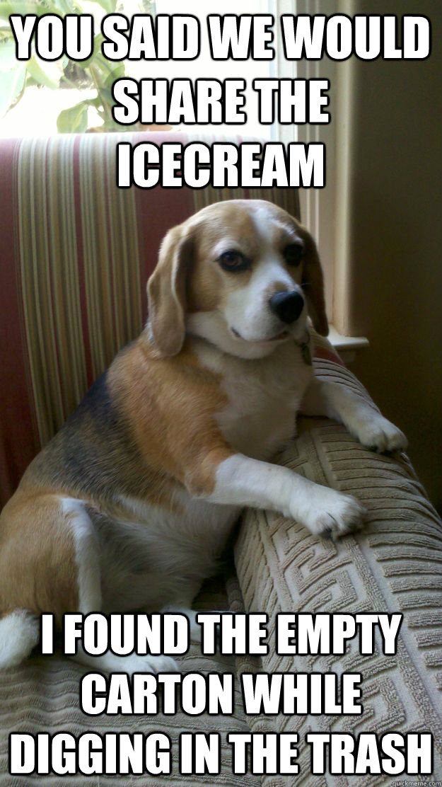 You said we would share the icecream I found the empty carton while digging in the trash  Disappointed Dog