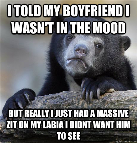 I told my boyfriend i wasn't in the mood but really I just had a massive zit on my labia i didnt want him to see  Confession Bear