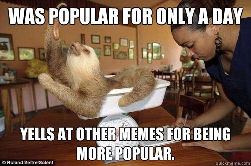 Was popular for only a day Yells at other memes for being more popular.  Dramatic Sloth