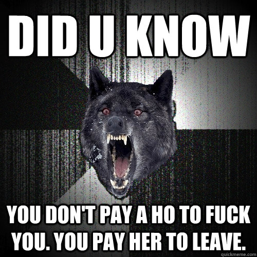did u know You don't pay a ho to fuck you. You pay her to leave.  Insanity Wolf