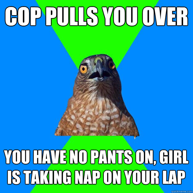 Cop Pulls you over you have no pants on, girl is taking nap on your lap - Cop Pulls you over you have no pants on, girl is taking nap on your lap  Hawkward