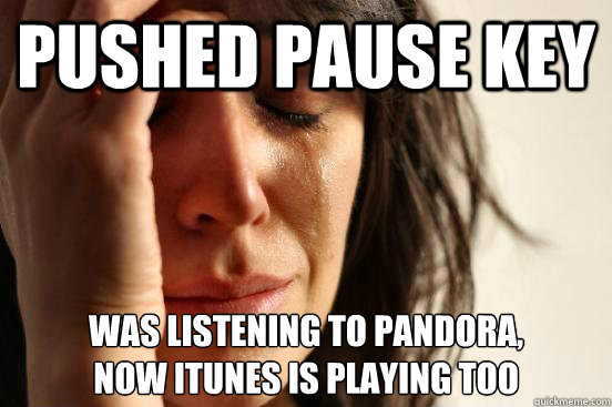 pushed pause key was listening to pandora,
now itunes is playing too  First World Problems