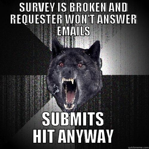 SURVEY IS BROKEN AND REQUESTER WON'T ANSWER EMAILS SUBMITS HIT ANYWAY Insanity Wolf