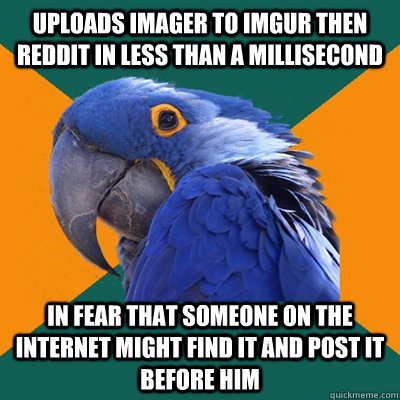 uploads imager to imgur then reddit in less than a millisecond in fear that someone on the internet might find it and post it before him  Paranoid Parrot