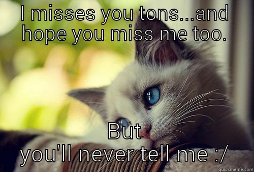 I MISSES YOU TONS...AND HOPE YOU MISS ME TOO. BUT YOU'LL NEVER TELL ME :/ First World Problems Cat