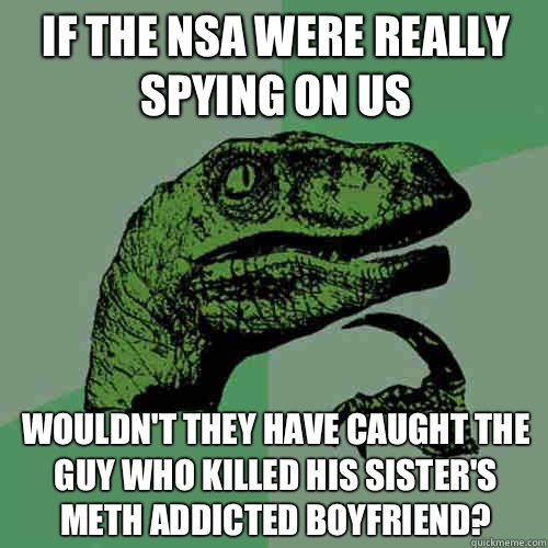 If the NSA were really spying on us Wouldn't they have caught the guy who killed his sister's meth addicted boyfriend?  Philosoraptor