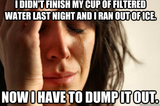 I didn't finish my cup of filtered water last night and I ran out of ice. now I have to dump it out. - I didn't finish my cup of filtered water last night and I ran out of ice. now I have to dump it out.  First World Problems