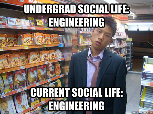 Undergrad social life: Engineering Current social life: Engineering  Disenchanted Young Professional