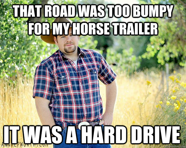 That road was too bumpy for my horse trailer It was a hard drive  Cowboy Computer Geek