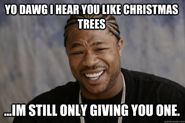 YO DAWG I HEAR YOU LIKE CHRISTMAS TREES ...Im still only giving you one. - YO DAWG I HEAR YOU LIKE CHRISTMAS TREES ...Im still only giving you one.  Xzibit meme