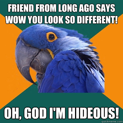 Friend from long ago says wow you look so different! oh, god I'm hideous!  Paranoid Parrot