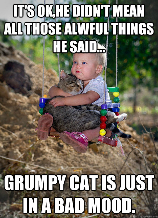 It's OK,he didn't mean all those alwful things he said... Grumpy cat is just in a bad mood.   