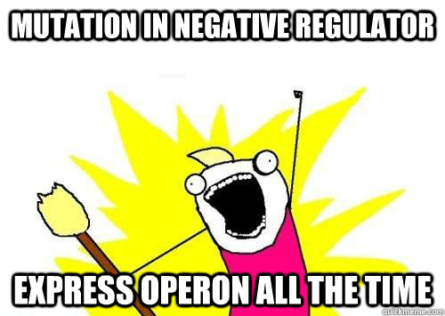 Mutation in negative regulator express operon all the time  x all the y