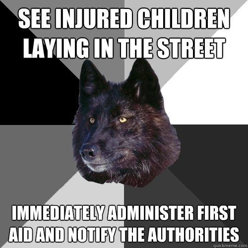 see injured children laying in the street immediately administer first aid and notify the authorities   Sanity Wolf