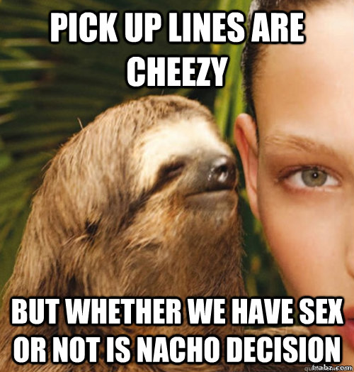 Pick up lines are cheezy but whether we have sex or not is nacho decision - Pick up lines are cheezy but whether we have sex or not is nacho decision  rape sloth