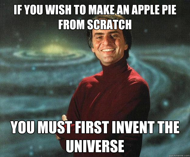 If you wish to make an apple pie from scratch you must first invent the universe - If you wish to make an apple pie from scratch you must first invent the universe  Carl Sagan