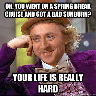 Oh, you went on a spring break cruise and got a bad sunburn? your life is really hard  Condescending Wonka