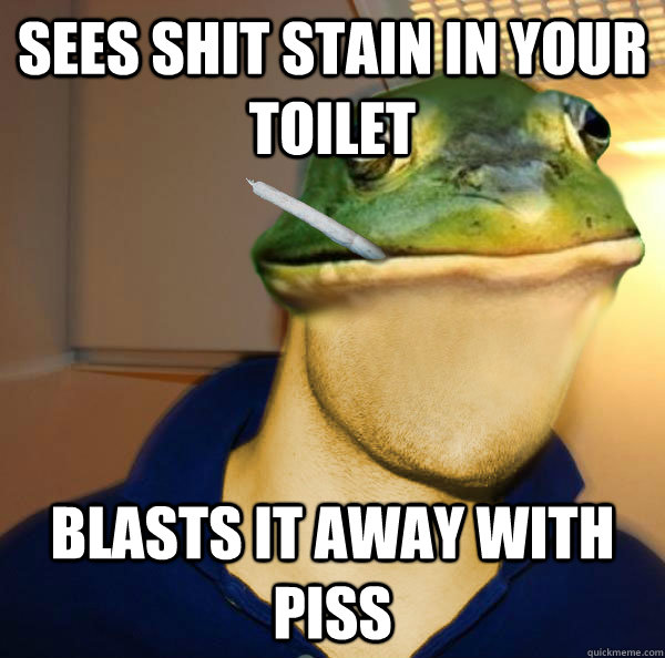 Sees shit stain in your toilet Blasts it away with piss  