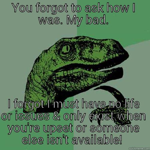 YOU FORGOT TO ASK HOW I WAS. MY BAD. I FORGOT I MUST HAVE NO LIFE OR ISSUES & ONLY EXIST WHEN YOU'RE UPSET OR SOMEONE ELSE ISN'T AVAILABLE!  Philosoraptor