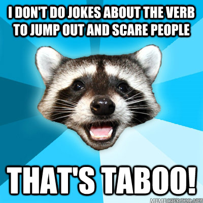 I don't do jokes about the verb to jump out and scare people That's taboo!  Lame Pun Raccoon