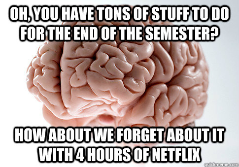 Oh, you have tons of stuff to do for the end of the semester? How about we forget about it with 4 hours of netflix  Scumbag Brain