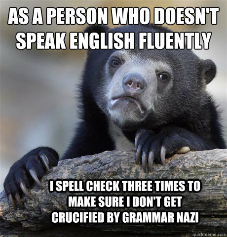 As a person who doesn't speak English fluently I spell check three times to make sure i don't get crucified by grammar nazi  Confession Bear