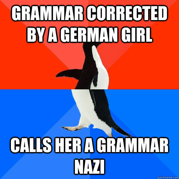 Grammar corrected by a german girl calls her a grammar nazi  Socially Awesome Awkward Penguin