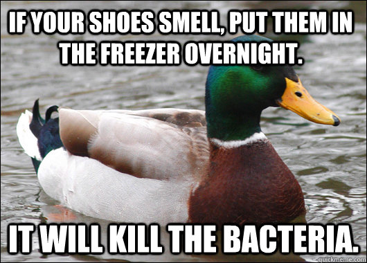 If your shoes smell, put them in the freezer overnight. It will kill the bacteria.  Actual Advice Mallard