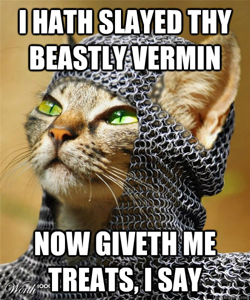 I hath slayed thy beastly vermin now giveth me treats, i say  Sir Whiskers