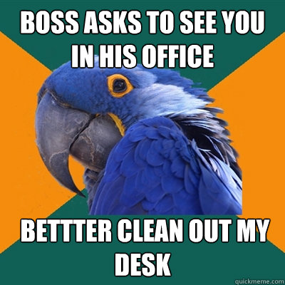 boss asks to see you in his office  bettter clean out my desk  Paranoid Parrot