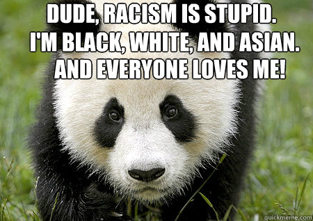 Dude, racism is stupid. I'm black, white, and Asian. And everyone loves me! - Dude, racism is stupid. I'm black, white, and Asian. And everyone loves me!  3 mile panda