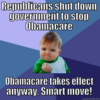 REPUBLICANS SHUT DOWN GOVERNMENT TO STOP OBAMACARE OBAMACARE TAKES EFFECT ANYWAY. SMART MOVE! Success Kid